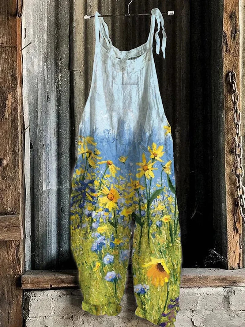 Lightweight artisanal jumpsuit in sunflower meadow style