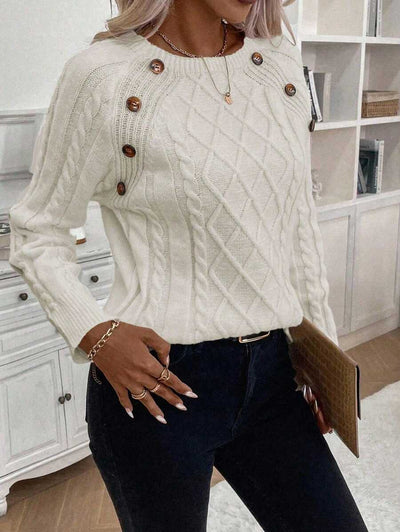 Clara – Button-Detail Cable Knit Sweater