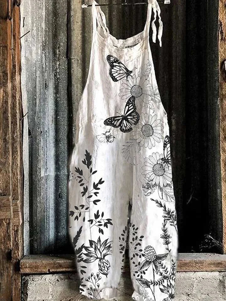 Lightweight artisanal jumpsuit in monochrome butterfly floral style