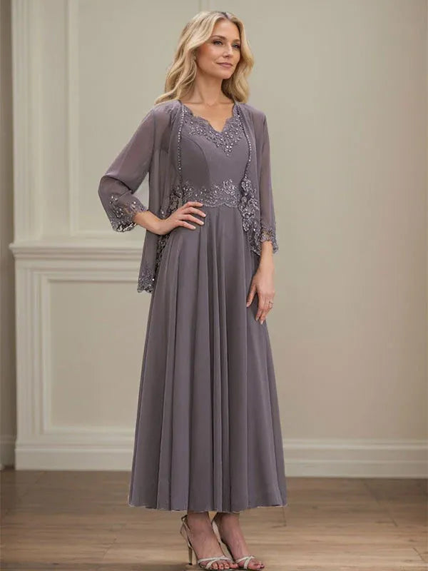 Evelina | A-Line Chiffon Dress with Sequins & Lace