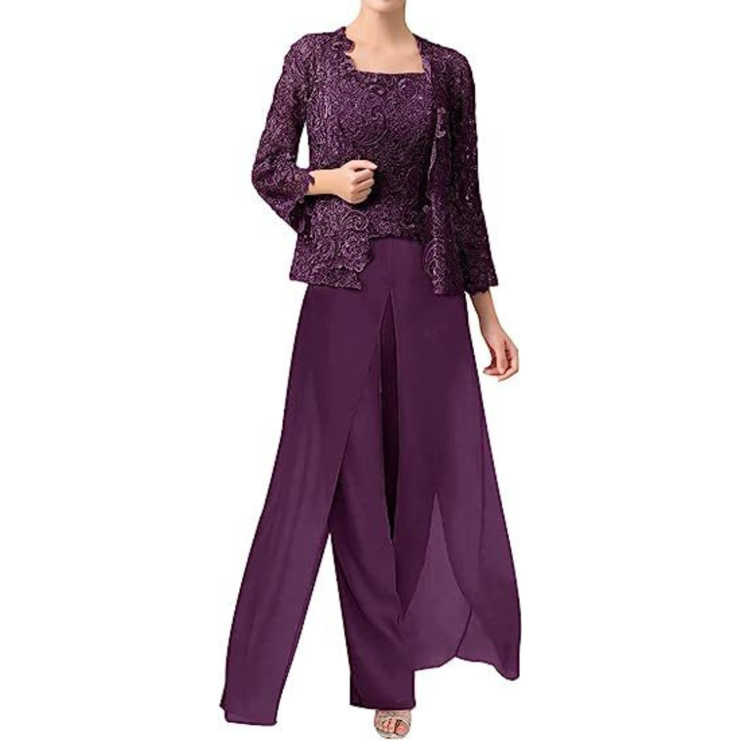 Diana – Lace & Chiffon Square Neck Pantsuit with Jacket