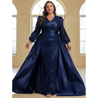 Vivienne | Plus Size Sequined Satin Ball Gown with Cape Sleeves