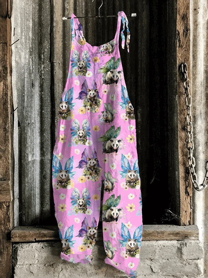 Lightweight artisanal jumpsuit in pink whimsical possum fairy print