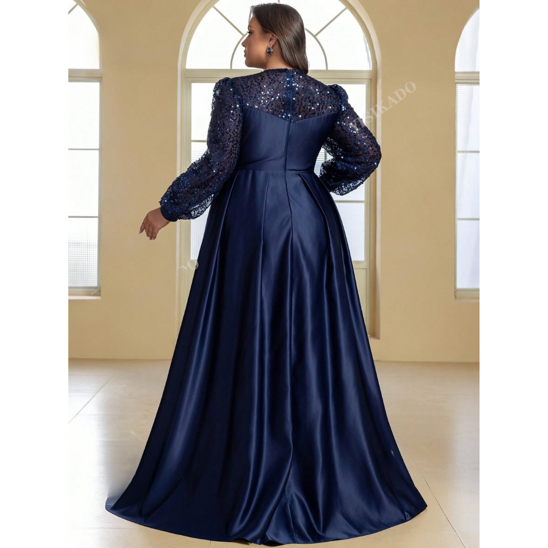 Vivienne | Plus Size Sequined Satin Ball Gown with Cape Sleeves
