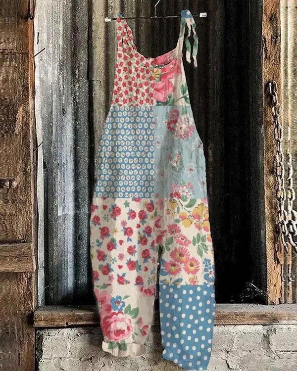 Lightweight artisanal jumpsuit in patchwork floral style