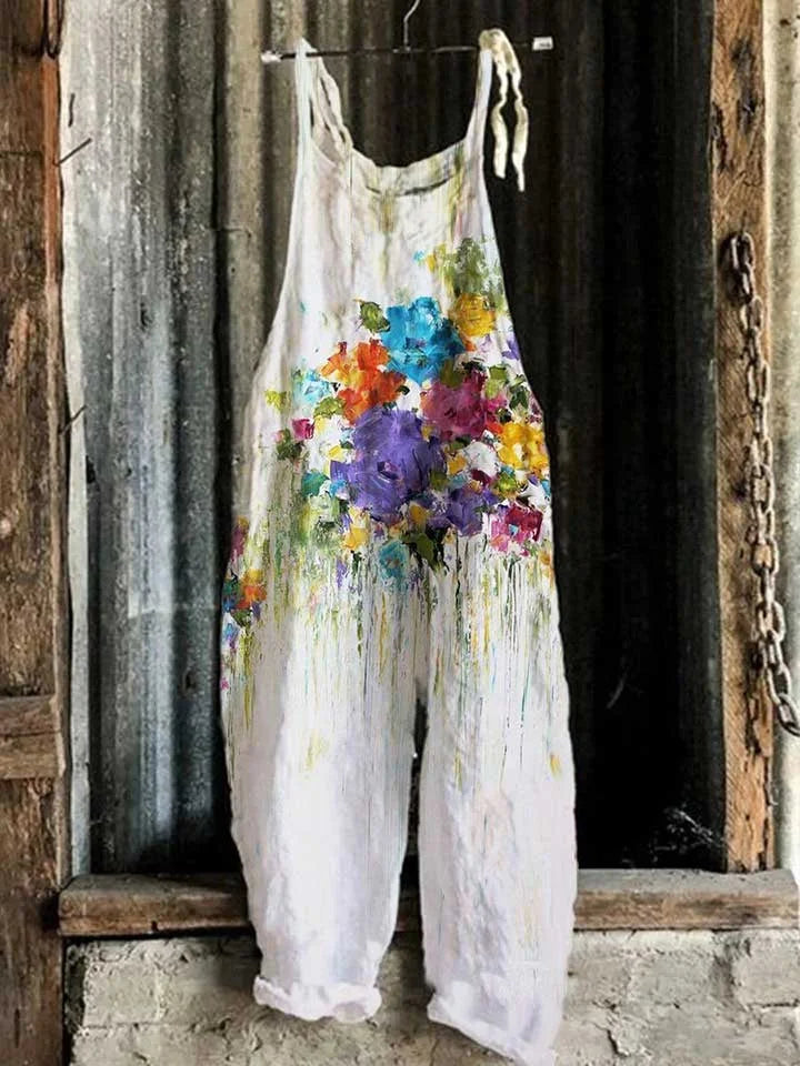 Lightweight artisanal jumpsuit in abstract watercolor floral style
