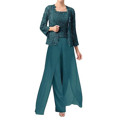 Diana – Lace & Chiffon Square Neck Pantsuit with Jacket