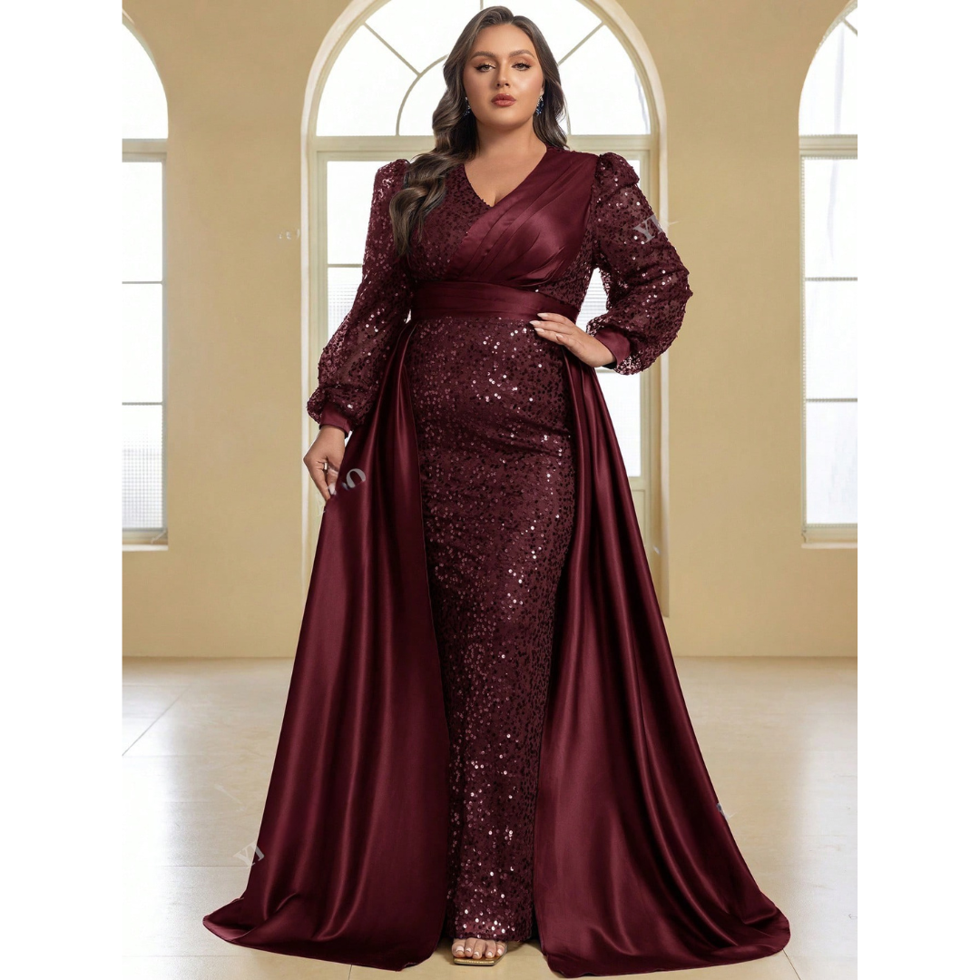 Vivienne | Plus Size Sequined Satin Ball Gown with Cape Sleeves