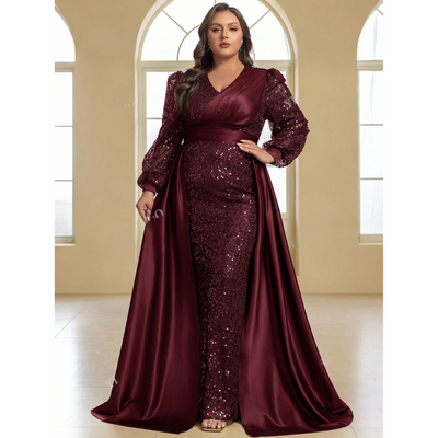 Vivienne | Plus Size Sequined Satin Ball Gown with Cape Sleeves