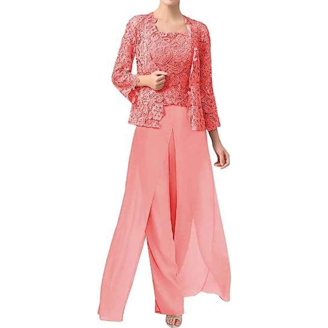 Diana – Lace & Chiffon Square Neck Pantsuit with Jacket