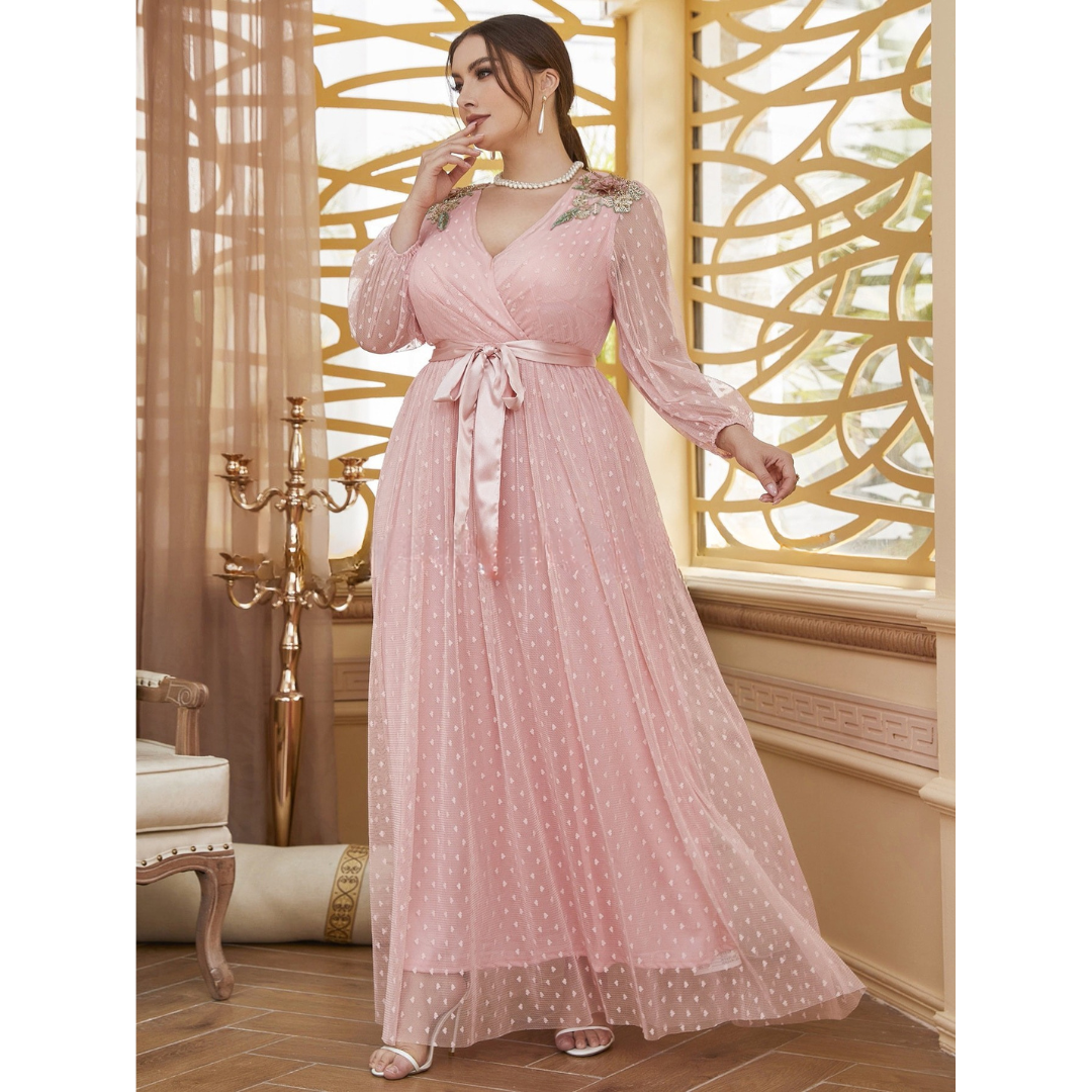 Isolde | Plus Size Sequin Embroidered V-Neck Lace Evening Dress