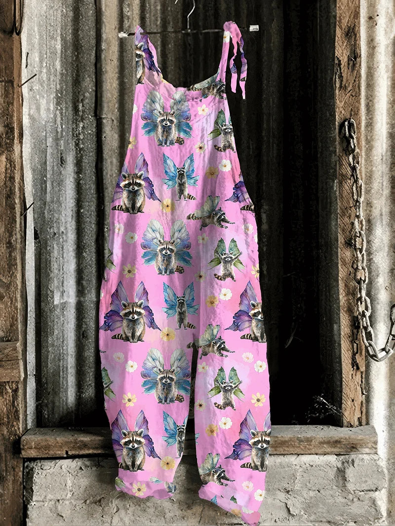 Lightweight artisanal jumpsuit in pink whimsical raccoon fairy print