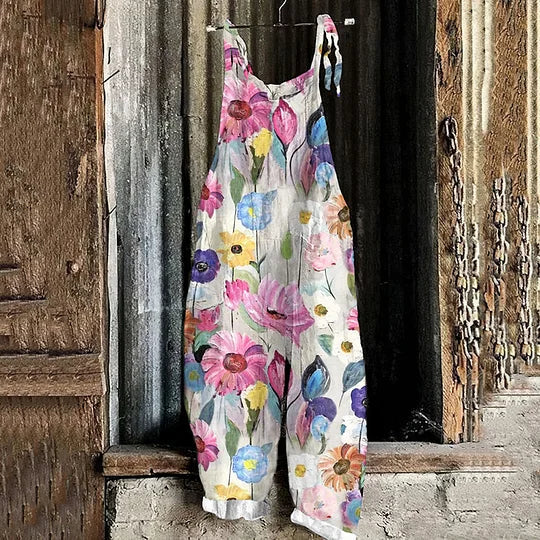 Lightweight artisanal jumpsuit in watercolor floral style
