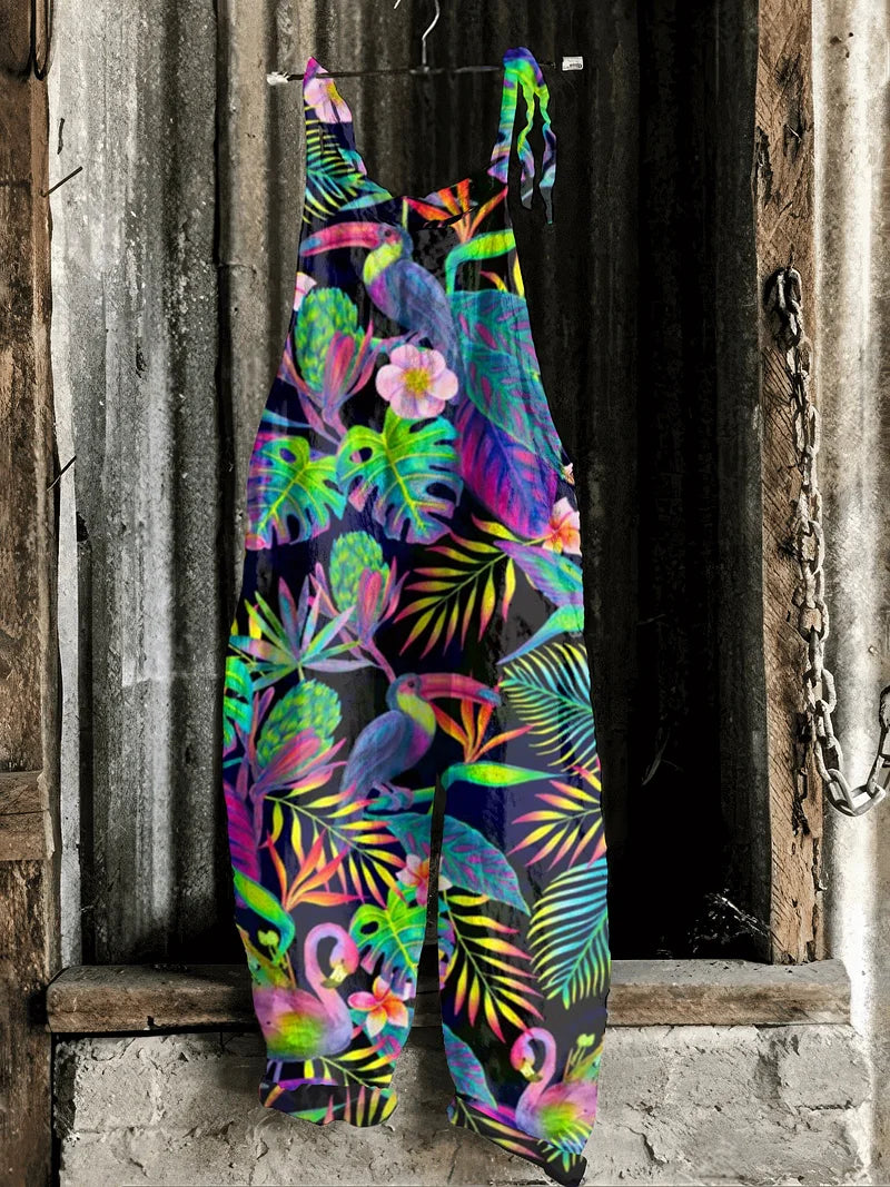 Lightweight artisanal jumpsuit in neon tropical toucan & flamingo print