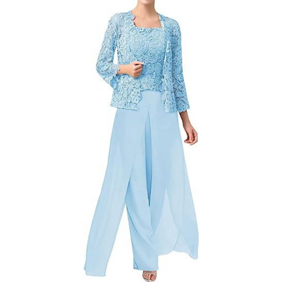 Diana – Lace & Chiffon Square Neck Pantsuit with Jacket