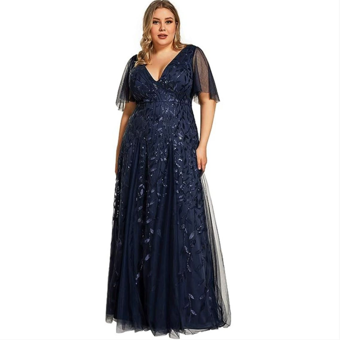 Marjorie | Plus Size V-Neck Lace & Sequin Mother of the Bride Dress