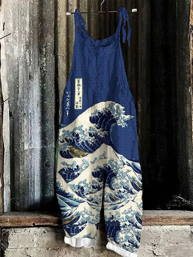 Lightweight artisanal jumpsuit in great wave style