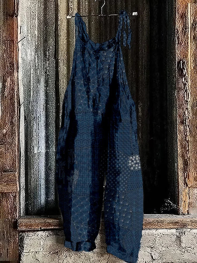 Lightweight artisanal jumpsuit in geometric navy style