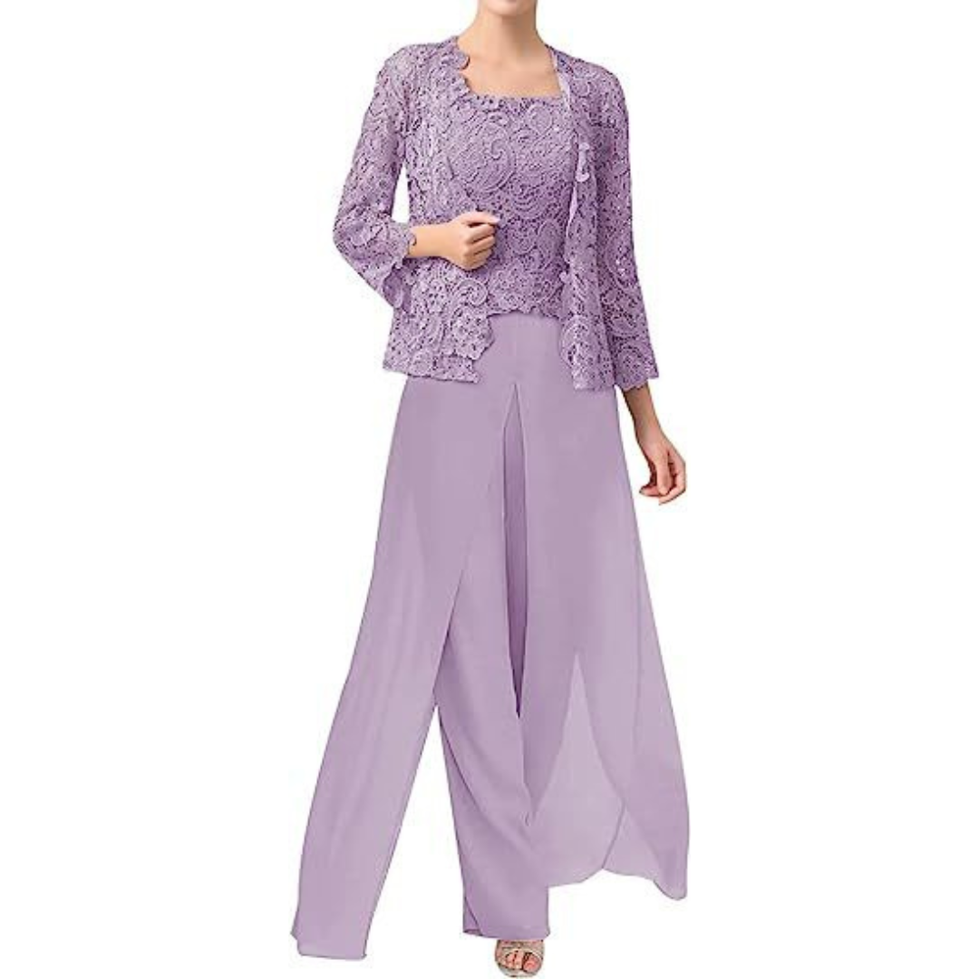 Diana – Lace & Chiffon Square Neck Pantsuit with Jacket