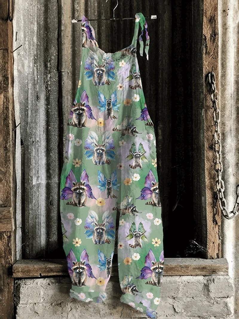 Lightweight artisanal jumpsuit in whimsical raccoon fairy print