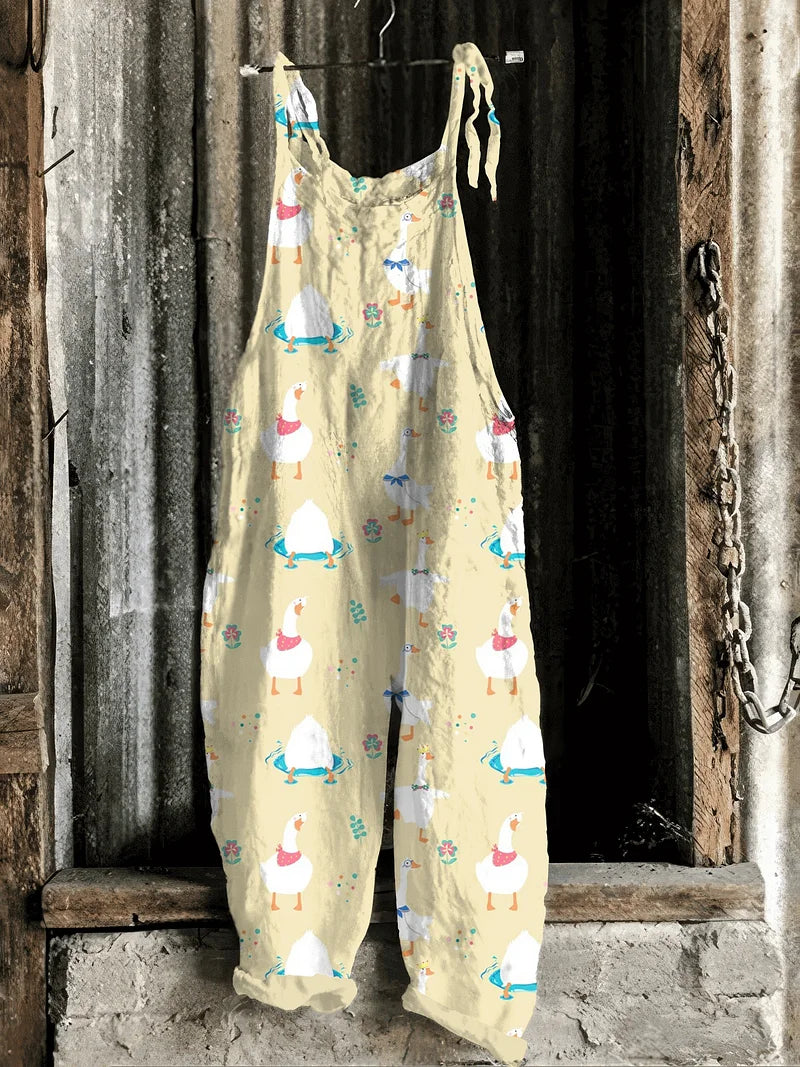 Lightweight artisanal jumpsuit in beige with whimsical goose & crab print