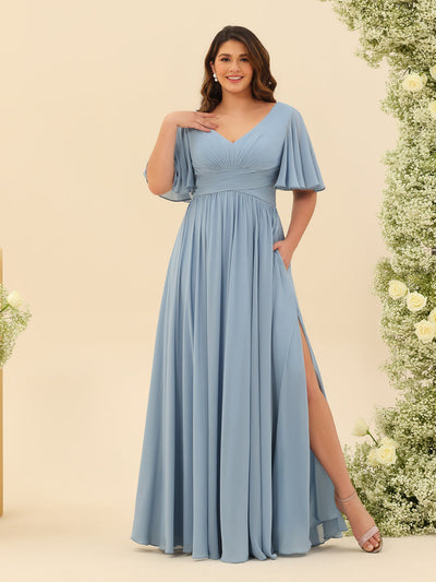 Elise | A-Line V-Neck Chiffon Dress with Pockets