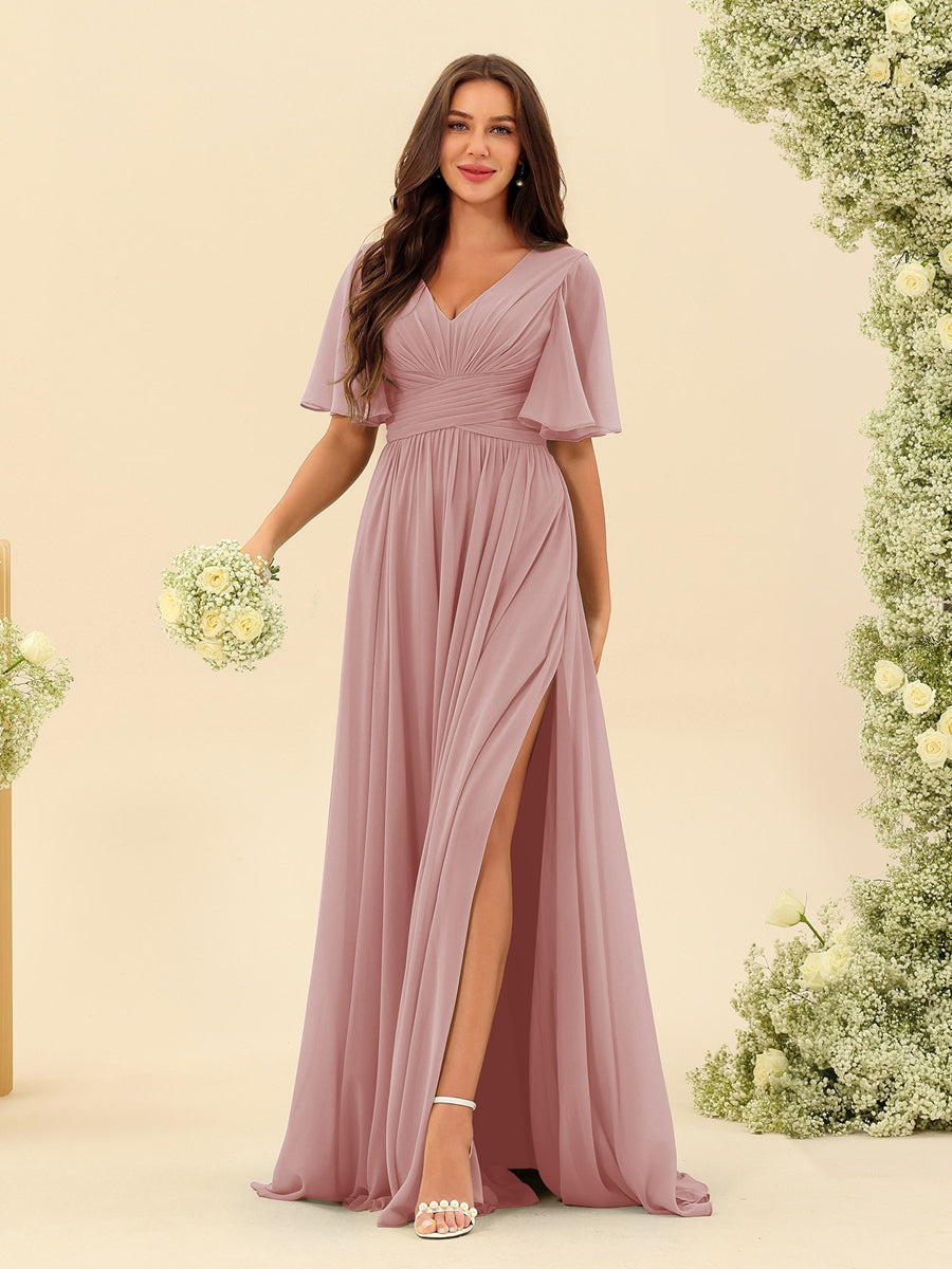 Elise | A-Line V-Neck Chiffon Dress with Pockets