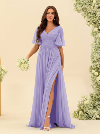 Elise | A-Line V-Neck Chiffon Dress with Pockets