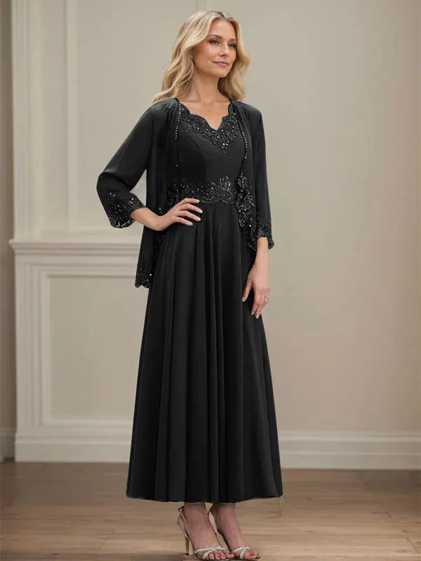 Evelina | A-Line Chiffon Dress with Sequins & Lace