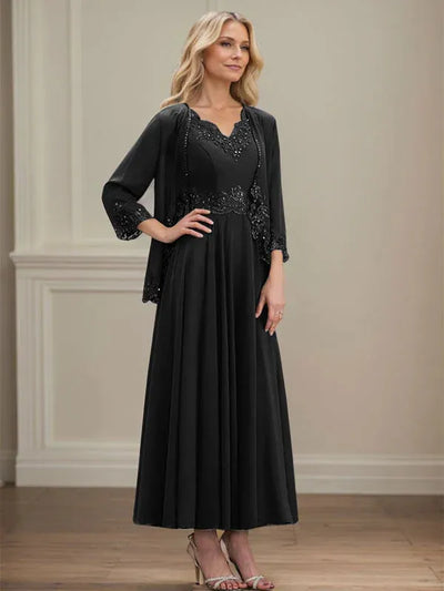 Evelina | A-Line Chiffon Dress with Sequins & Lace