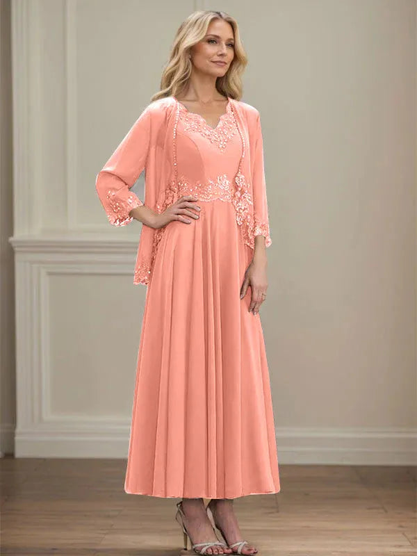 Evelina | A-Line Chiffon Dress with Sequins & Lace