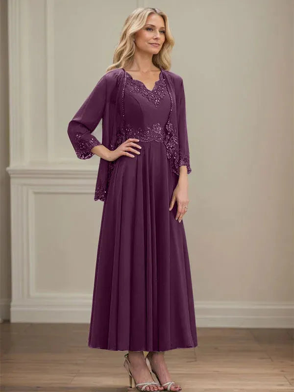 Evelina | A-Line Chiffon Dress with Sequins & Lace