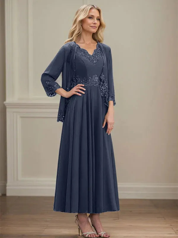 Evelina | A-Line Chiffon Dress with Sequins & Lace