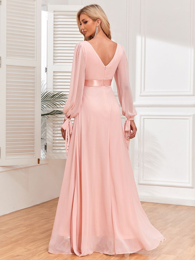 Evelina | Pink Chiffon Double V-Neck A-Line Evening Dress
