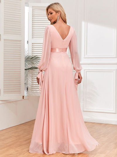Evelina | Pink Chiffon Double V-Neck A-Line Evening Dress