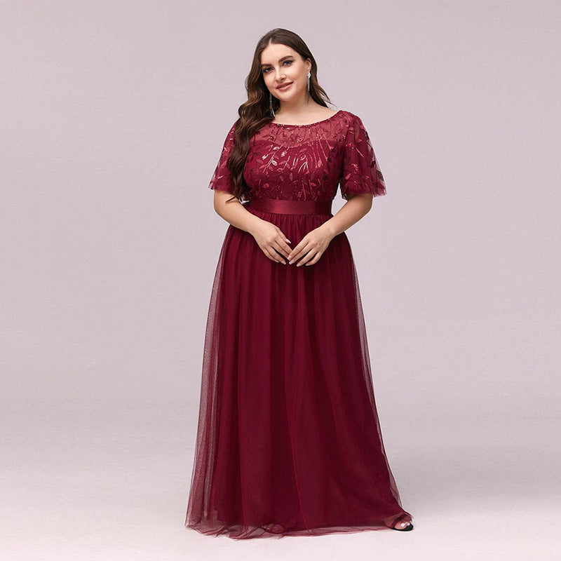 Genevieve | Plus Size Sequin Embroidered Mesh A-Line Evening Dress