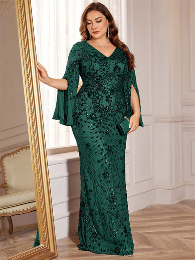 Annelise | Plus Size Sequin Long Sleeve Fishtail Evening Dress