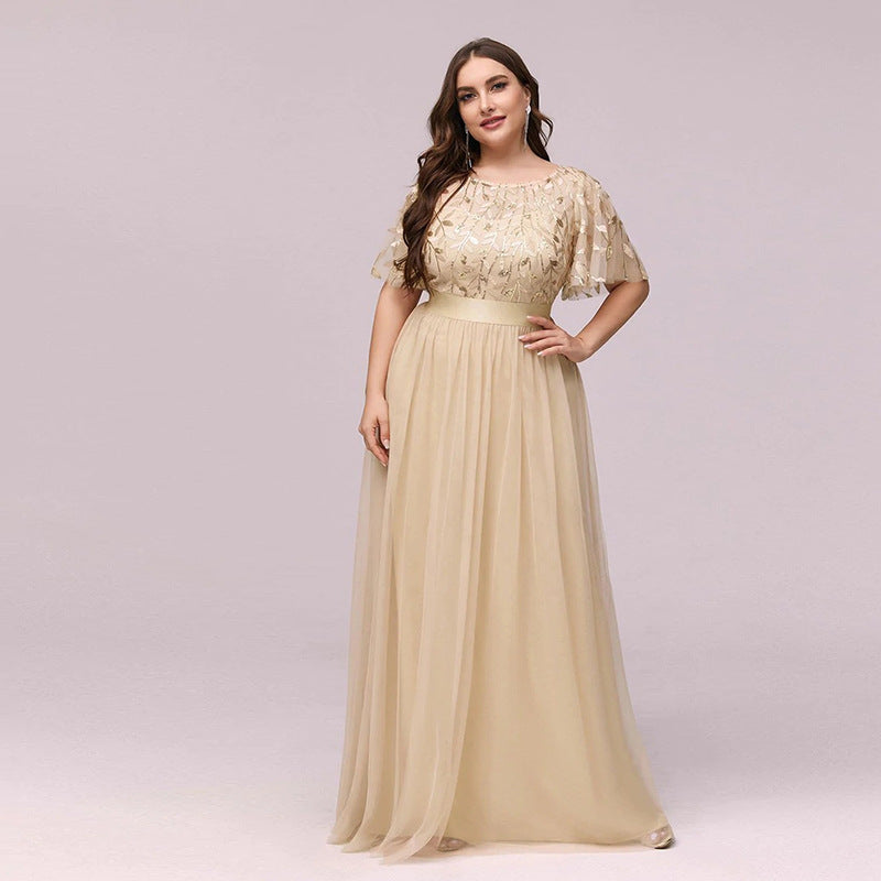 Genevieve | Plus Size Sequin Embroidered Mesh A-Line Evening Dress