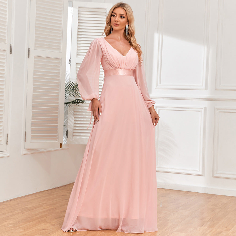 Evelina | Pink Chiffon Double V-Neck A-Line Evening Dress