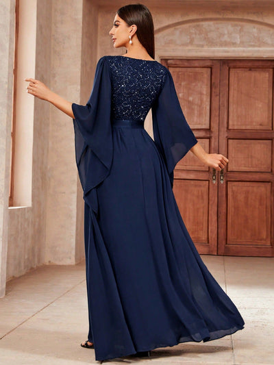 Lucinda | Sequined Chiffon V-Neck A-Line Mid-Length Dress