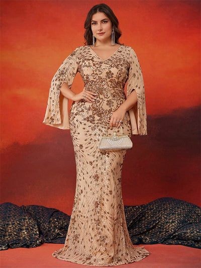 Annelise | Plus Size Sequin Long Sleeve Fishtail Evening Dress