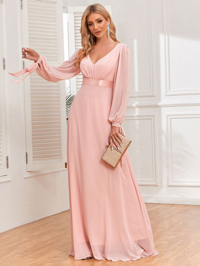 Evelina | Pink Chiffon Double V-Neck A-Line Evening Dress