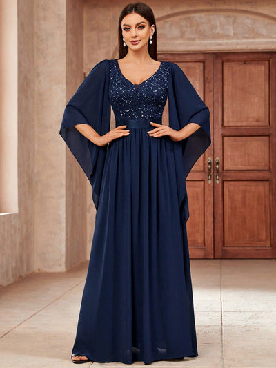 Lucinda | Sequined Chiffon V-Neck A-Line Mid-Length Dress