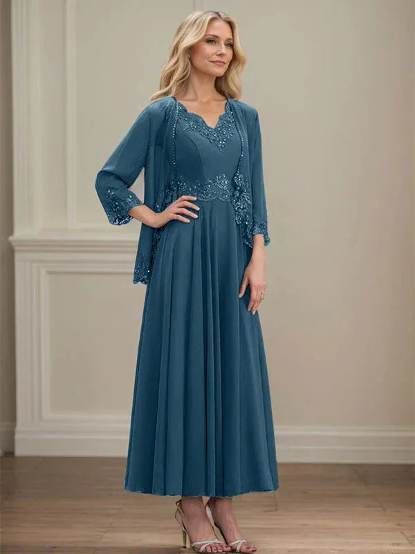 Evelina | A-Line Chiffon Dress with Sequins & Lace