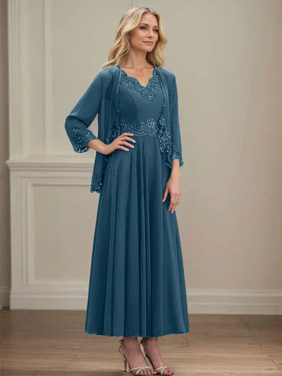 Evelina | A-Line Chiffon Dress with Sequins & Lace