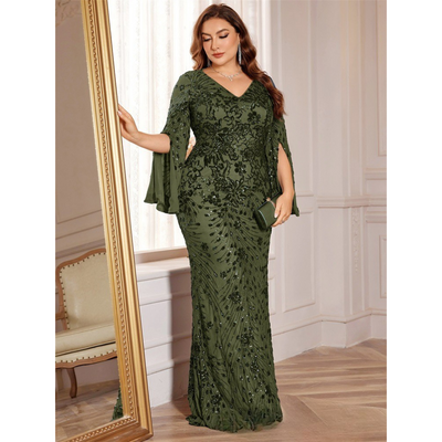 Annelise | Plus Size Sequin Long Sleeve Fishtail Evening Dress