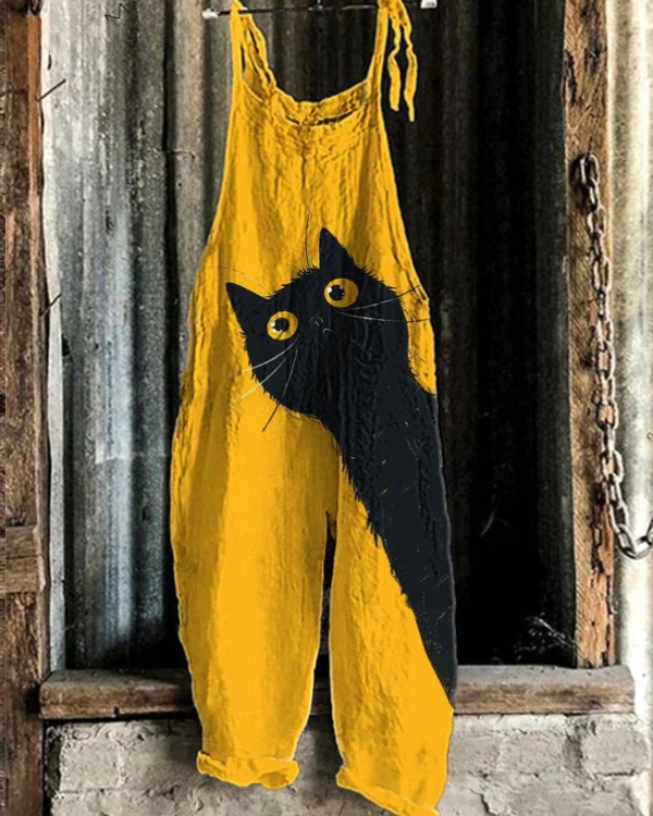Lightweight yellow artisan overall with black cat