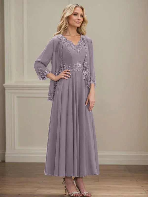 Evelina | A-Line Chiffon Dress with Sequins & Lace