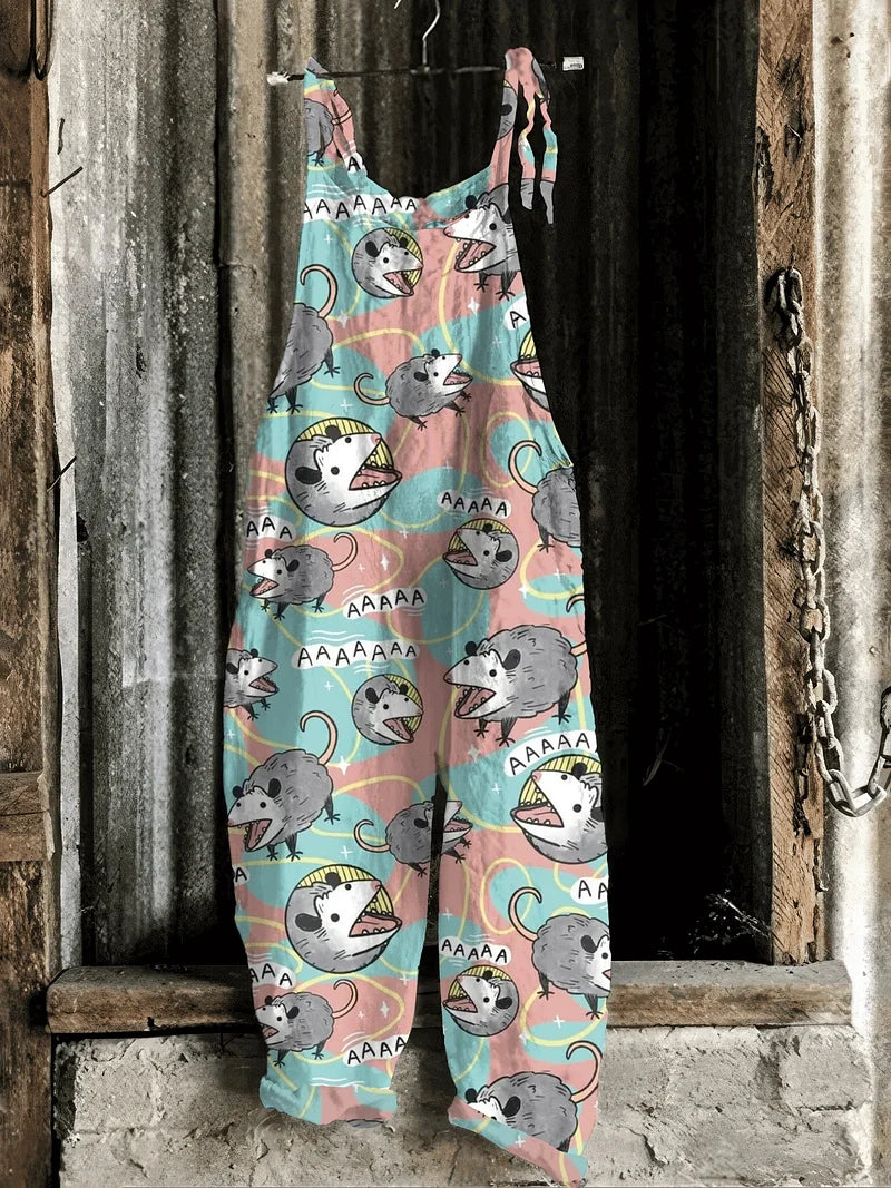Lightweight artisanal jumpsuit in pastel possum cartoon print