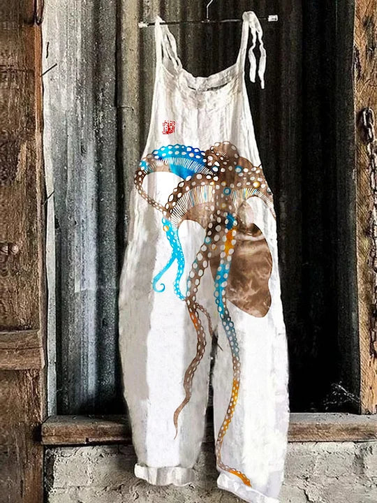 Lightweight artisanal jumpsuit in ocean octopus style